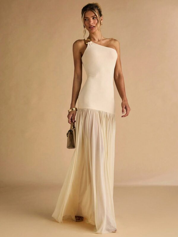 Semi Sheer Asymmetric Shoulder Bodycon Dress