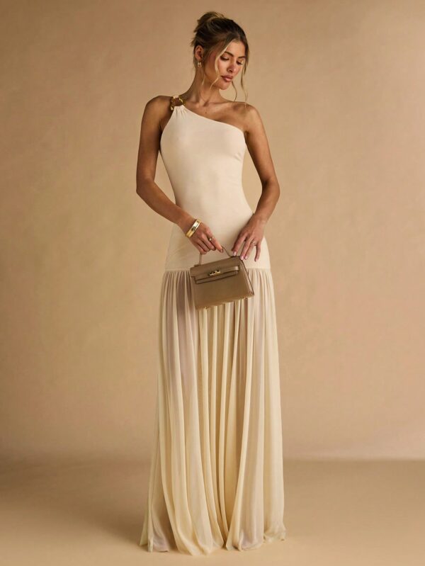 Semi Sheer Asymmetric Shoulder Bodycon Dress