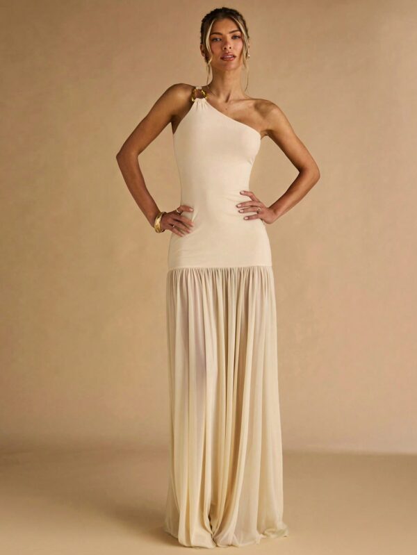 Semi Sheer Asymmetric Shoulder Bodycon Dress