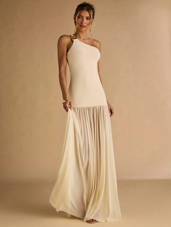 Semi Sheer Asymmetric Shoulder Bodycon Dress