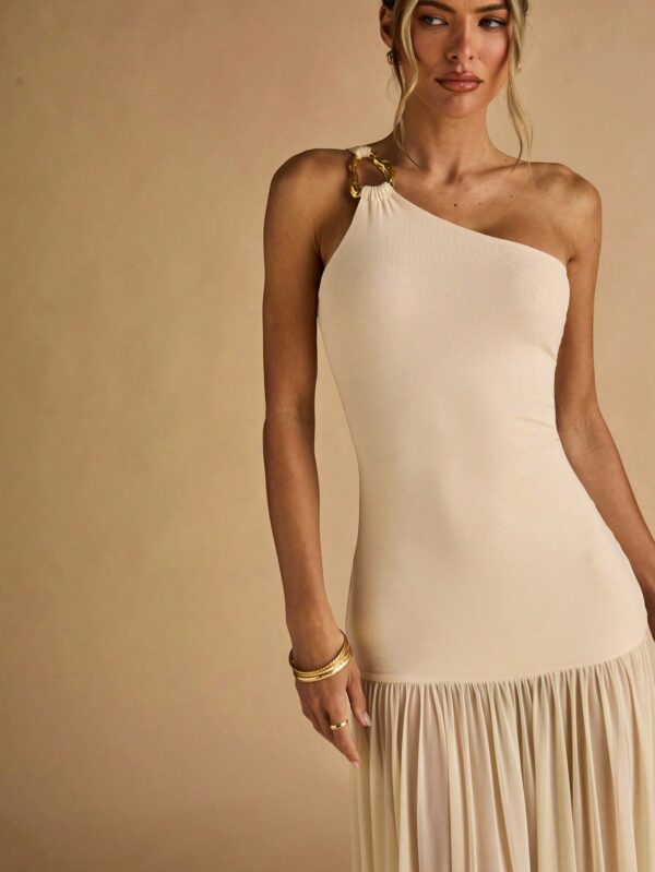 Semi Sheer Asymmetric Shoulder Bodycon Dress