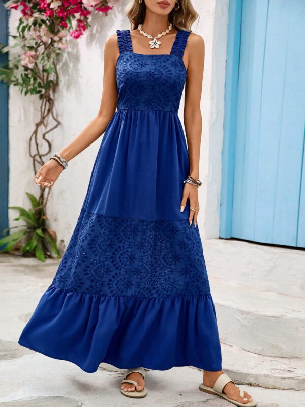 Casual Embroidered Patch Wide Shoulder Strap Ruffle Hem Maxi Dress