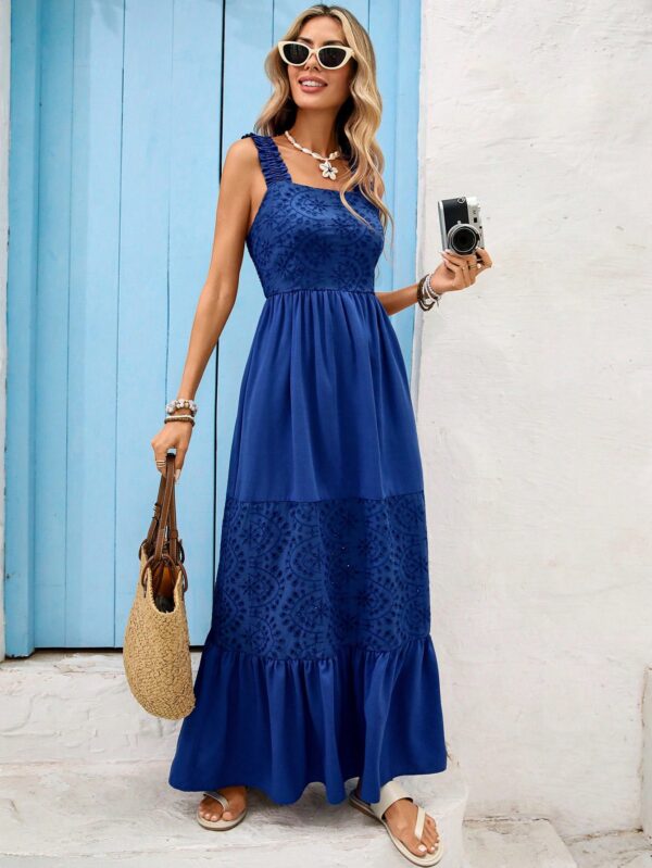 Casual Embroidered Patch Wide Shoulder Strap Ruffle Hem Maxi Dress
