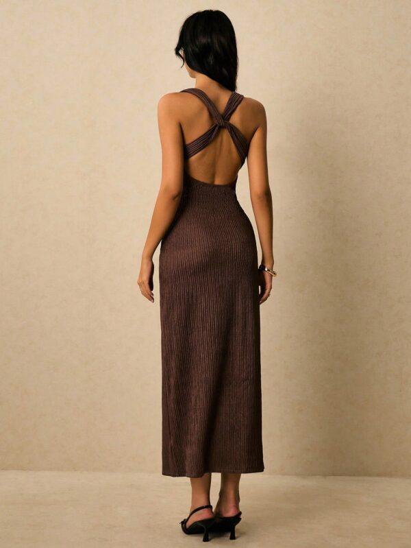 Metal Button Decoration Backless Dress