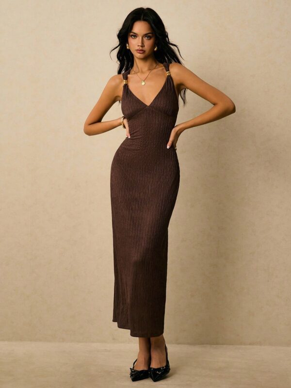 Metal Button Decoration Backless Dress