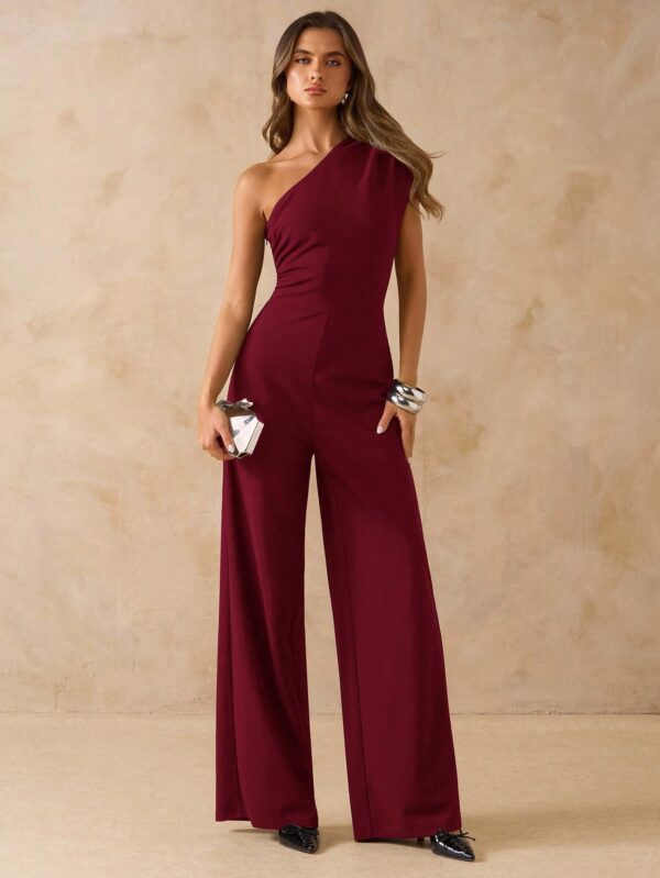 Asymmetric Shoulder Fitted Wide Leg Jumpsuit