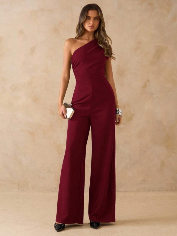 Asymmetric Shoulder Fitted Wide Leg Jumpsuit