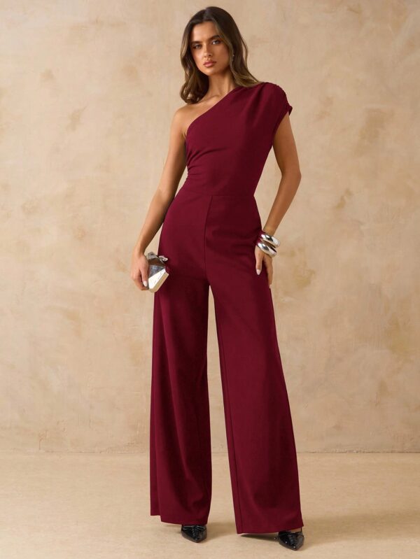 Asymmetric Shoulder Fitted Wide Leg Jumpsuit