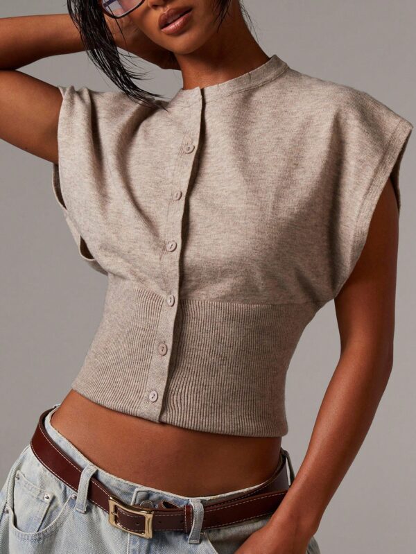 Casual Minimalist Button-Front Batwing Sleeve Knit Sweater Vest