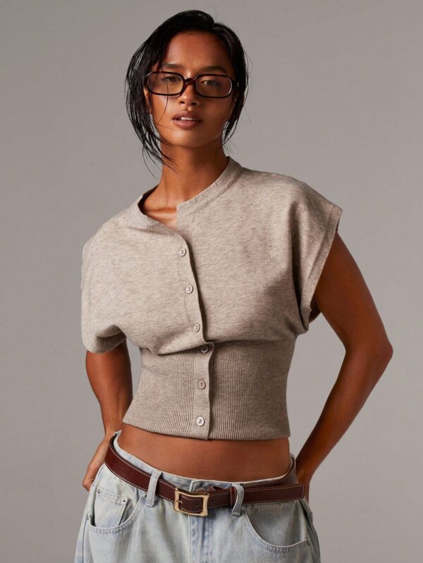 Casual Minimalist Button-Front Batwing Sleeve Knit Sweater Vest