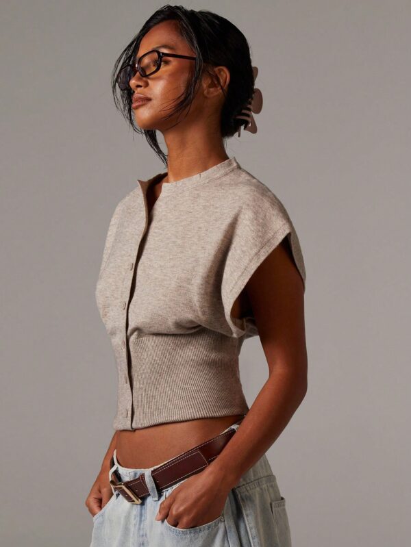 Casual Minimalist Button-Front Batwing Sleeve Knit Sweater Vest