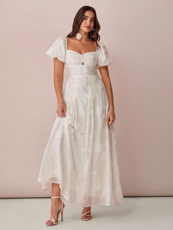 Floral Embroidery Sweetheart Neckline Short Puff Sleeve Pleated Maxi Dress