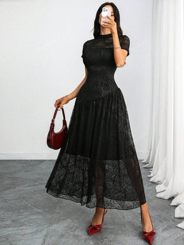 High Collar Lace Double-Layer Dress