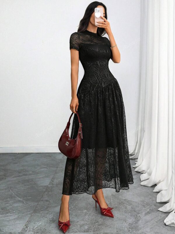 High Collar Lace Double-Layer Dress