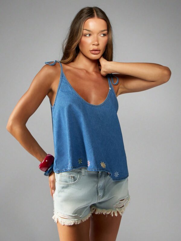 Embroidered Denim Tank Top