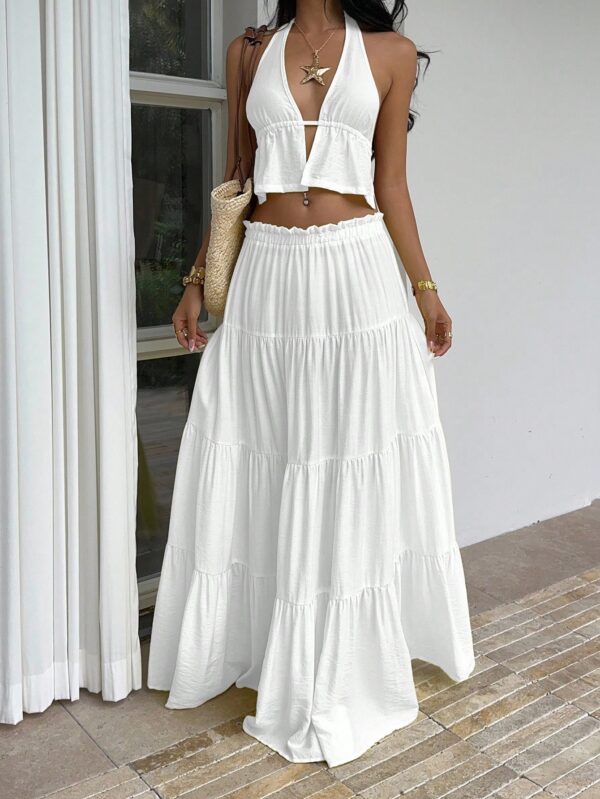 Linen Halter Camisole And Low Waist Maxi Skirt Set