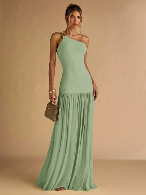 Semi Sheer Asymmetric Shoulder Bodycon Dress