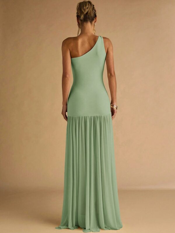 Semi Sheer Asymmetric Shoulder Bodycon Dress