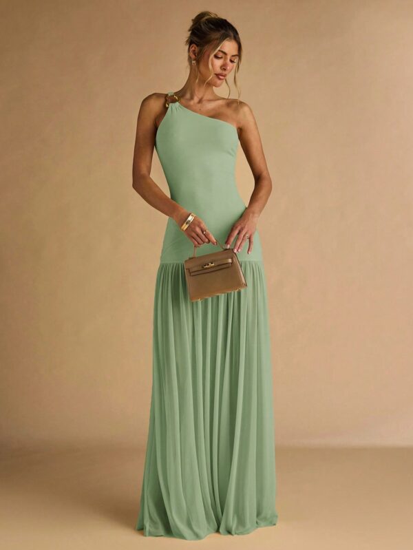 Semi Sheer Asymmetric Shoulder Bodycon Dress
