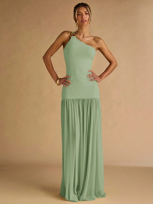 Semi Sheer Asymmetric Shoulder Bodycon Dress