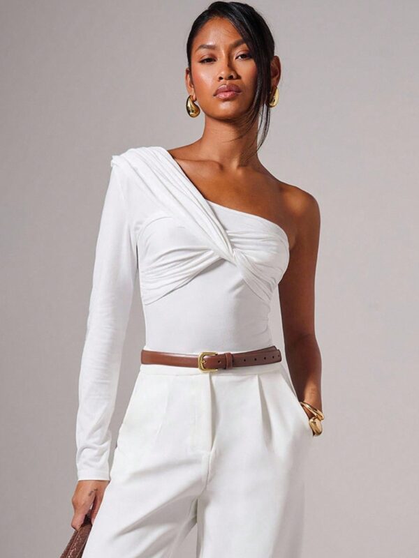 Fashion Solid Color Asymmetric Neck Twist Bodysuit