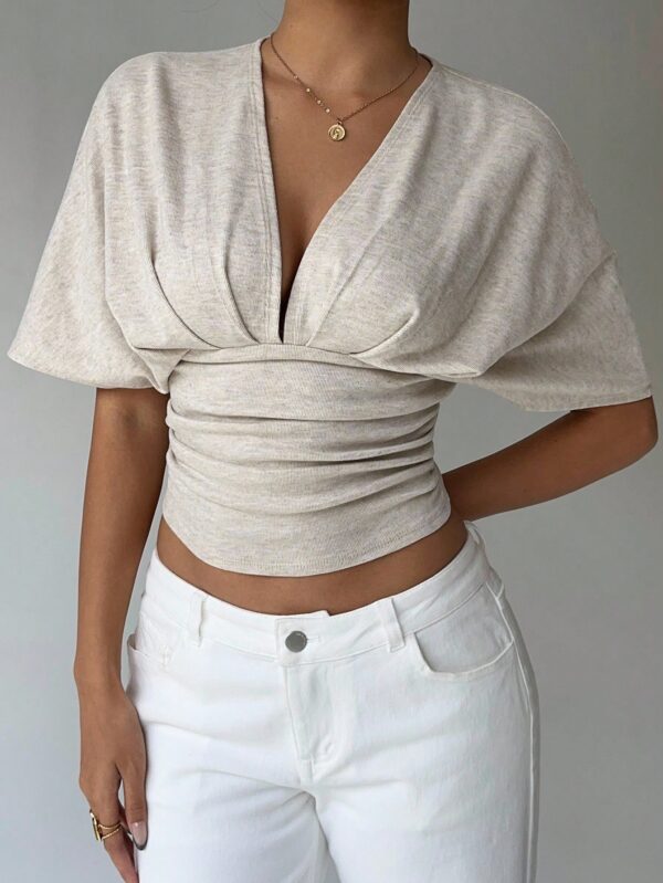Deep V Ruched Short Sleeve Tight Fitted T-Shirt