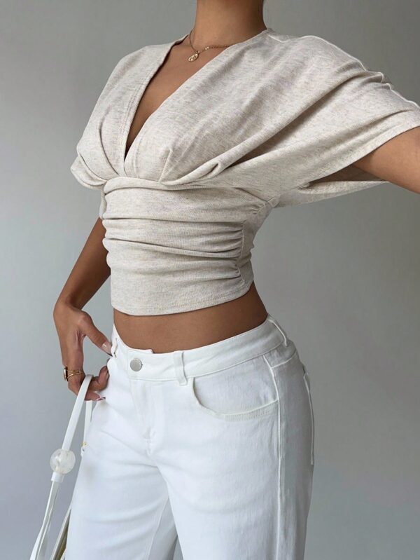 Deep V Ruched Short Sleeve Tight Fitted T-Shirt