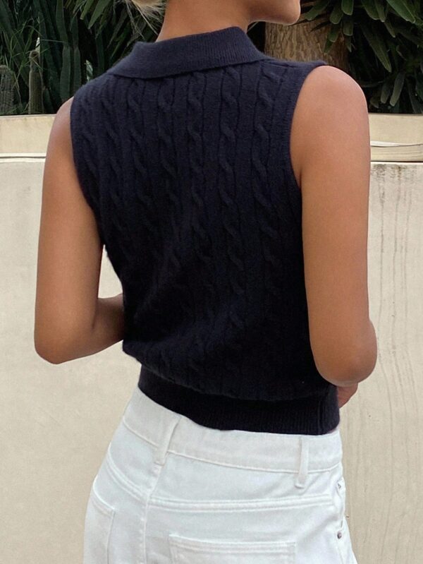 Polo Collar Twist Cable Pattern Casual Sleeveless Knit Top