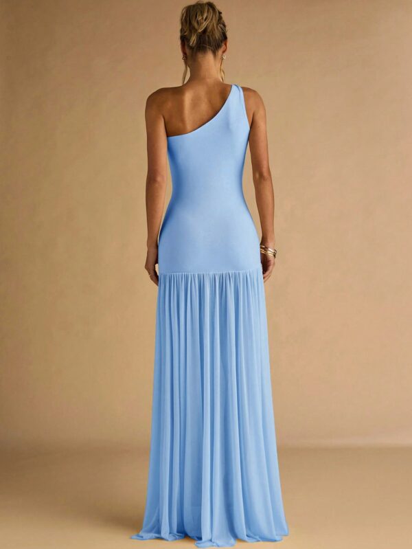 Semi Sheer Asymmetric Shoulder Bodycon Dress