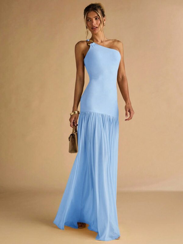 Semi Sheer Asymmetric Shoulder Bodycon Dress