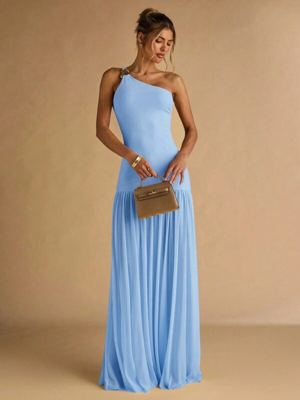 Semi Sheer Asymmetric Shoulder Bodycon Dress