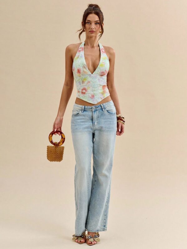 Solid Pink Low-Cut Beaded Floral Elegant Backless Tie Strap Camisole