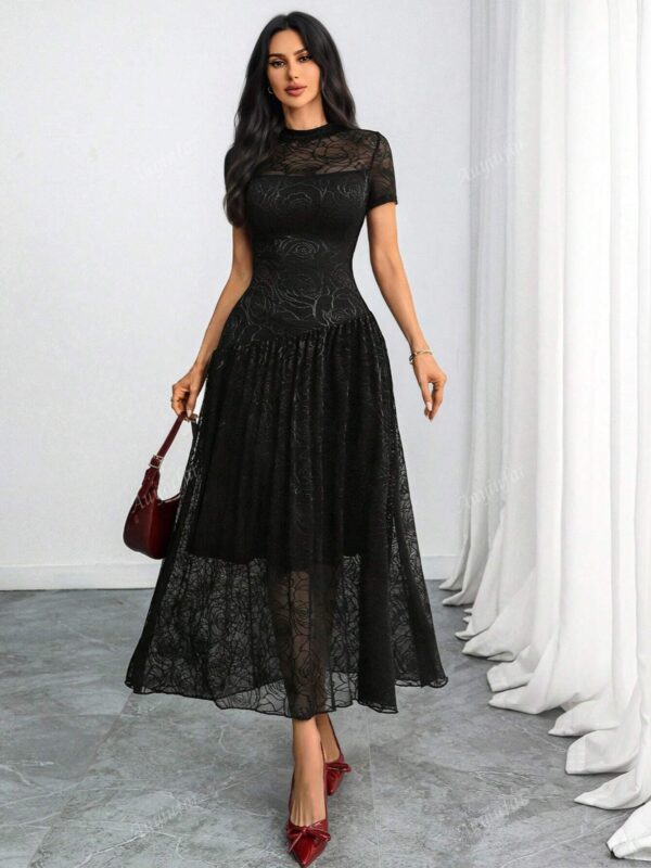 High Collar Lace Double-Layer Dress