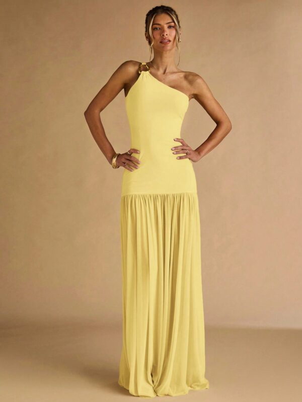 Semi Sheer Asymmetric Shoulder Bodycon Dress