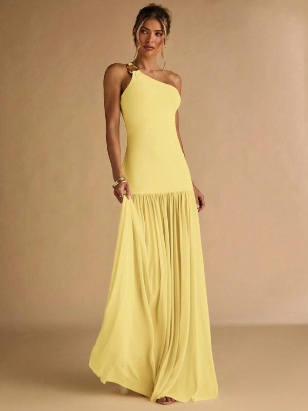 Semi Sheer Asymmetric Shoulder Bodycon Dress