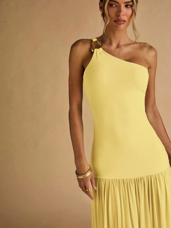 Semi Sheer Asymmetric Shoulder Bodycon Dress