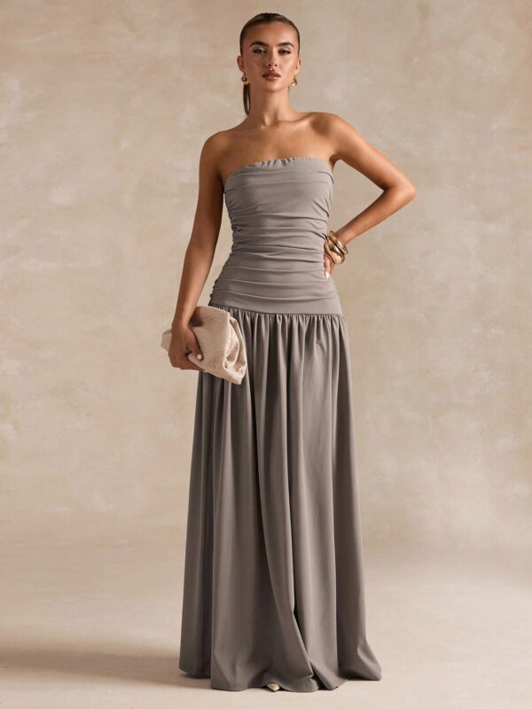 Elegant Solid Color Dress Autumn Gathered Tube Top Maxi Skirt Dress