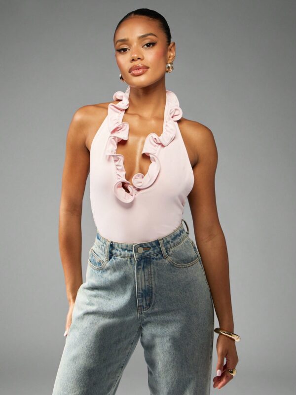 Ruffle Trim Halter Neck Bodysuit