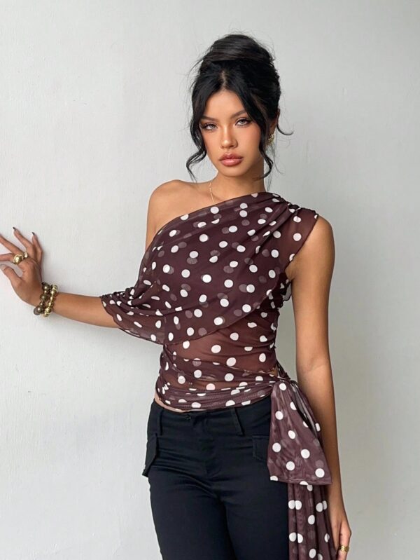 Elegant Asymmetrical  Tie-Up Off Shoulder Polka Dot Top