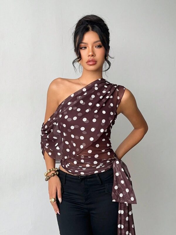 Elegant Asymmetrical  Tie-Up Off Shoulder Polka Dot Top