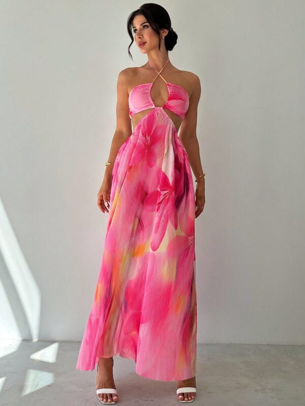 Floral Print Pleated Backless Maxi Dress