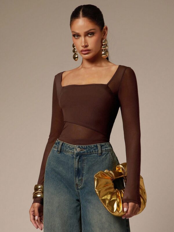 see-Through Solid Color Square Neck Long Sleeve Mesh Patchwork Bodysuit