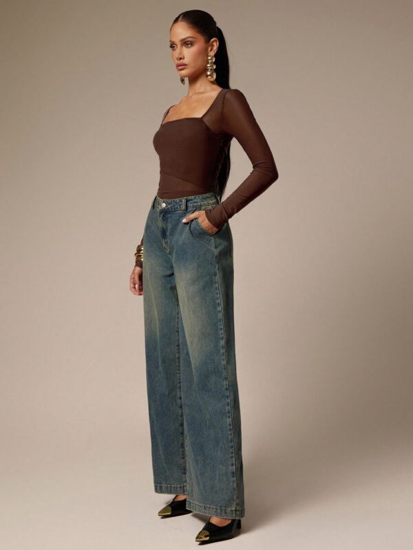 see-Through Solid Color Square Neck Long Sleeve Mesh Patchwork Bodysuit