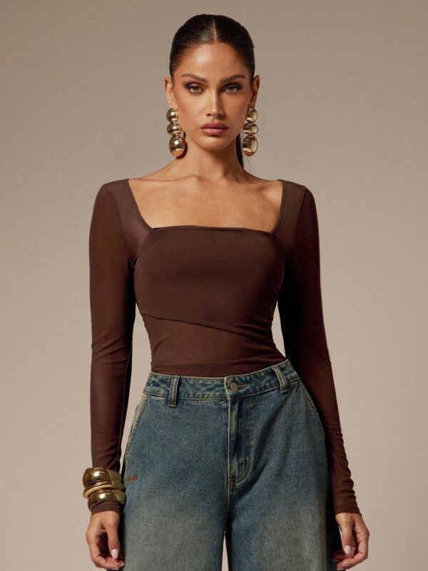 see-Through Solid Color Square Neck Long Sleeve Mesh Patchwork Bodysuit