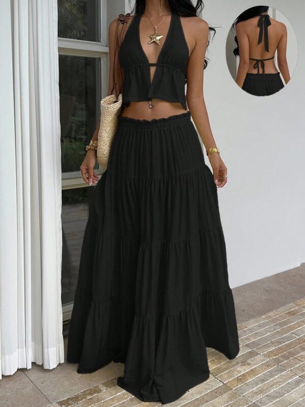 Linen Halter Camisole And Low Waist Maxi Skirt Set