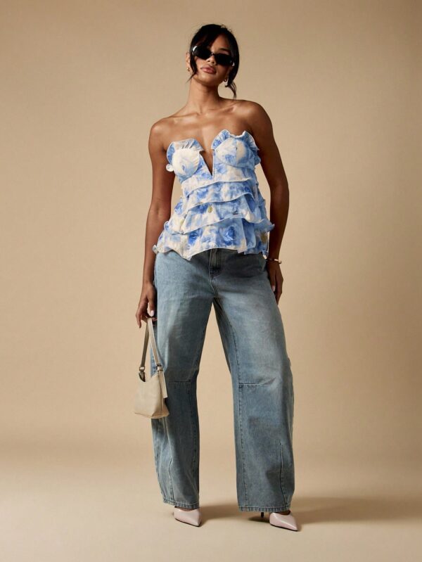 Floral Ruffle Bustier Peplum Top