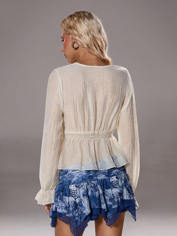 Textured Shell Decor Deep V Slim Fit Beach Ruffle Hem Short Sleeve Versatile Blouse