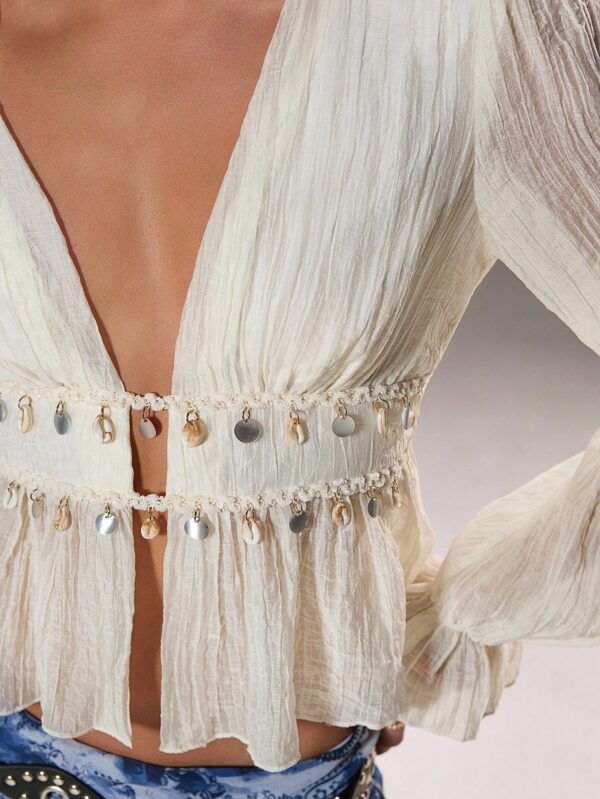 Textured Shell Decor Deep V Slim Fit Beach Ruffle Hem Short Sleeve Versatile Blouse