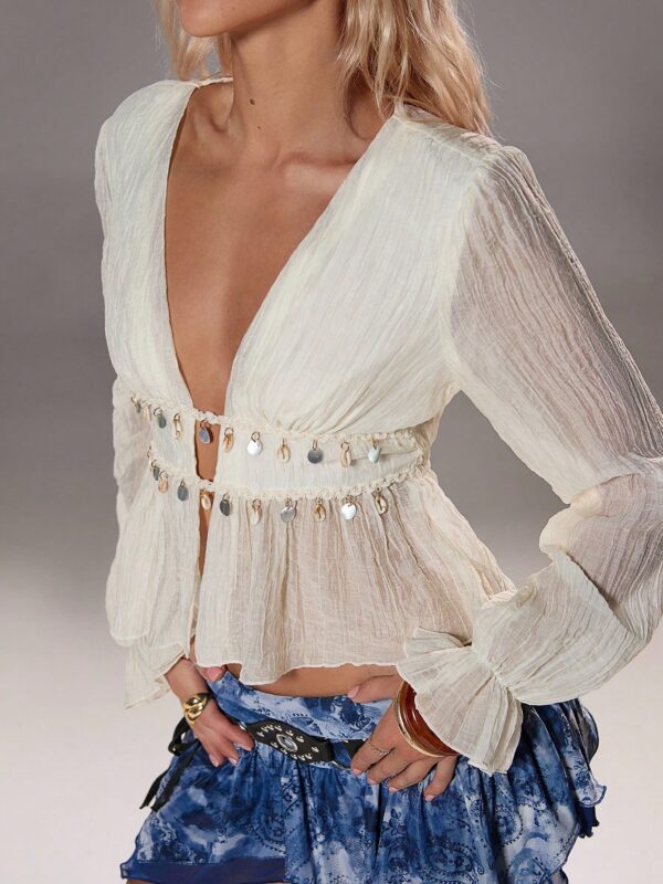 Textured Shell Decor Deep V Slim Fit Beach Ruffle Hem Short Sleeve Versatile Blouse