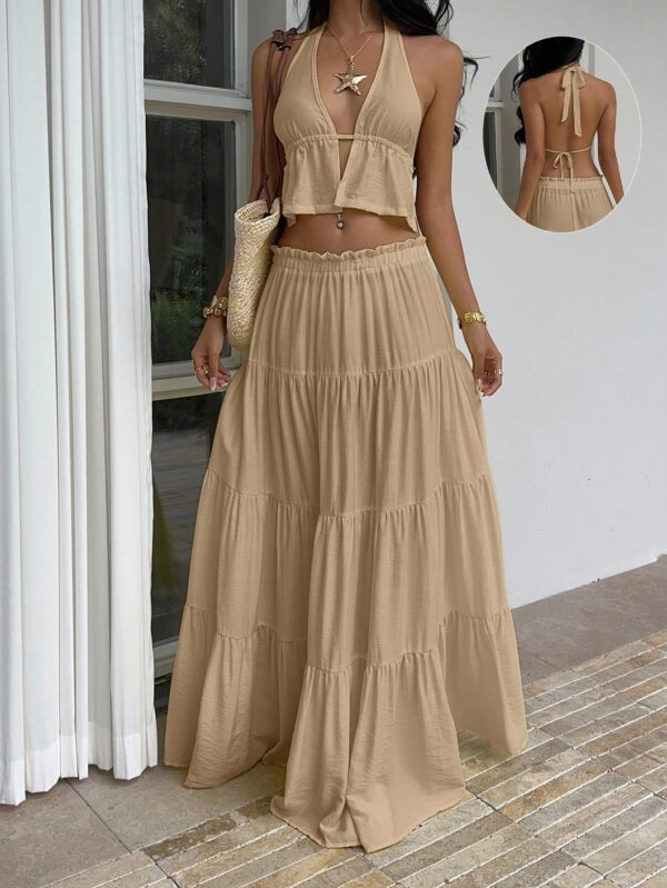 Linen Halter Camisole And Low Waist Maxi Skirt Set